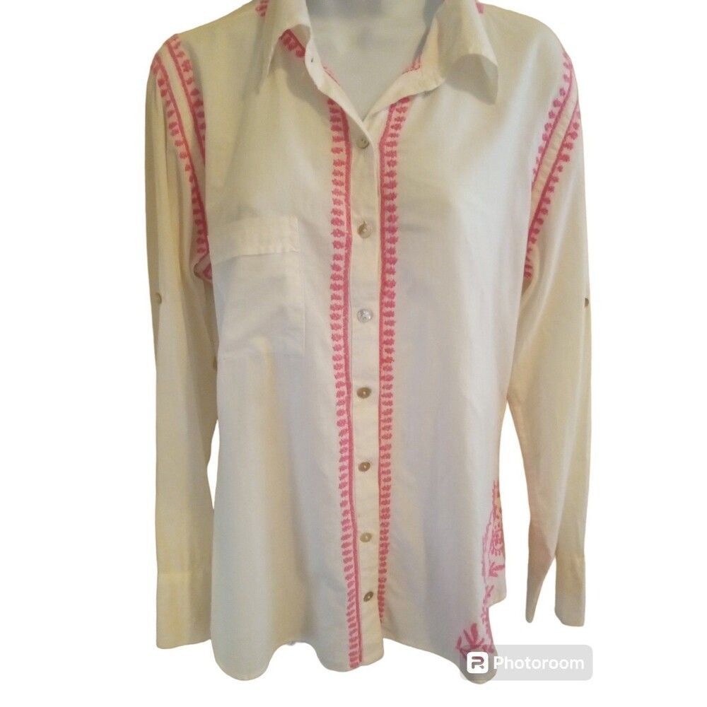 Subtle Luxury Brand White Button Down Shirt With Hot Pink Embroidery size s/m